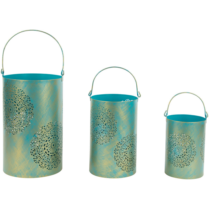 Decorative Floral Cut-Out Pillar Candle Lanterns 10", Turquoise Blue/Gold