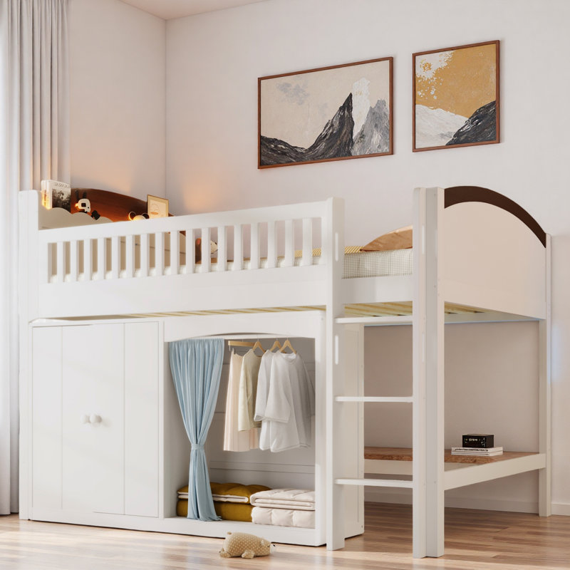 Lit mezzanine avec armoire de rangement, garde-robe et DEL, Blanc