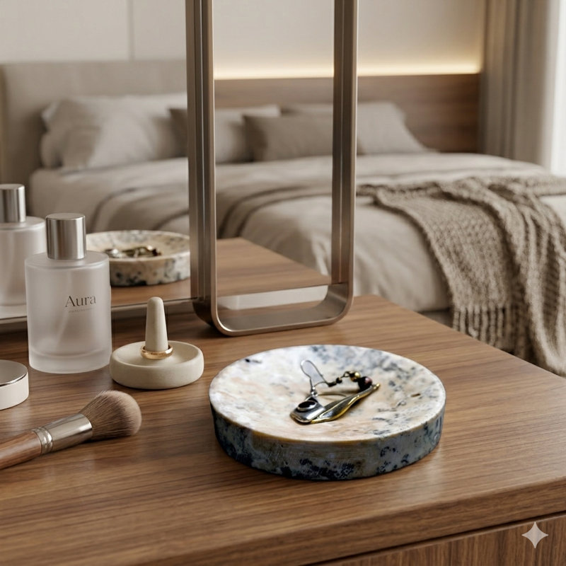Plateau de meuble-lavabo rond naturel en forme de travertin et bijoux - Socle décoratif pour parfum, anneaux et clés, cadeau idéal
