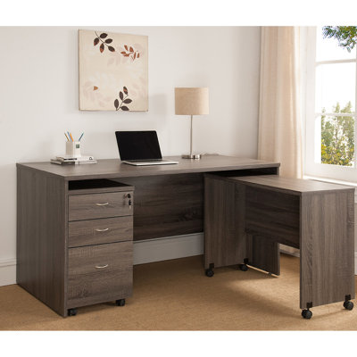 Distressed Grey Office Desk For Home - Wooden With Four Wheels And Back Finish Cover Mobile Workstation In Modesty & Lock