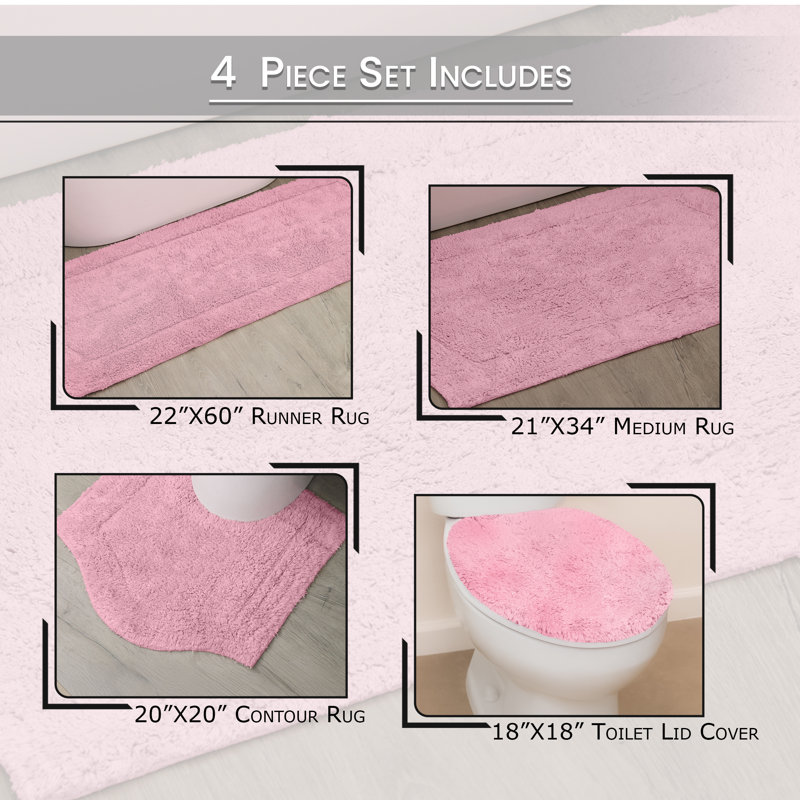Waterford 4 Piece 100% Cotton Bath Rug Set with Lid Cover, Spray Latex Backing, Pink