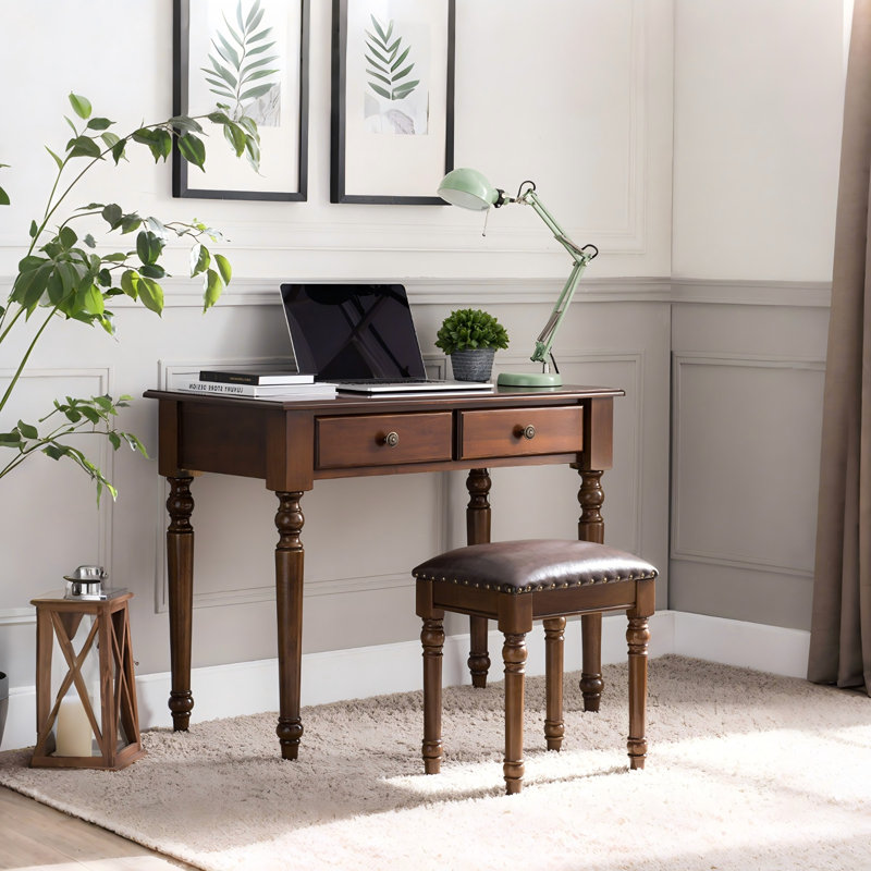 Bureau d'écriture rectangulaire en bois massif 39,37 "à 2 tiroirs, H 29,92 po x l 39,37 po x P 19,69 po