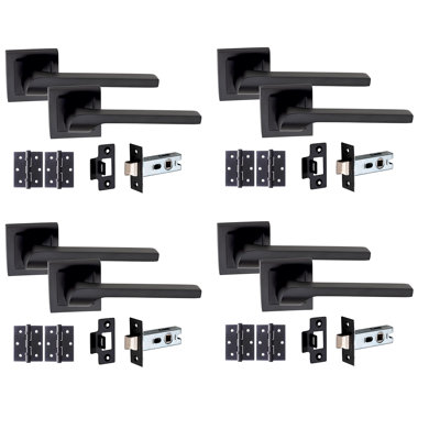  4 Sets Sigma Design Door Handles on Square Rose in Matt Black Finish with 64mm Latches and Pair of 3" Ball Bearing Hinges