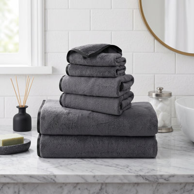 6 Pieces Dark Grey Microfiber Towel Bundle, Lightweight Fast Drying Silky Hemmed Towels, Ultra Plush Set Contains 2 Bath Towels, 2 Hand Towels & 2 Washcloths, Suitable for Bathing, Fitness, Sports, Yoga and Travel