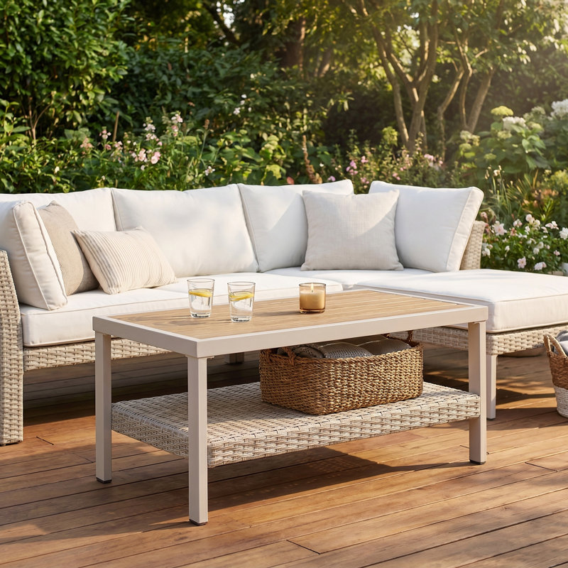 Coffee Table - Outdoor Coffee Table With Storage, Steel Frame Patio Side Table, Boho Modern Design For Garden, Backyard, Balcony, Bone Color