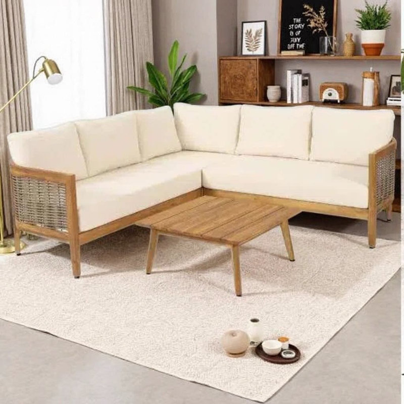 Canapé modulaire en teck 4 pièces avec coussins beiges - luxueux en forme de L pour six conversations au coucher du soleil
