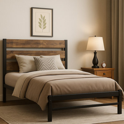 Rustic Brown Platform Bed with Wood Headboard and Metal Slats