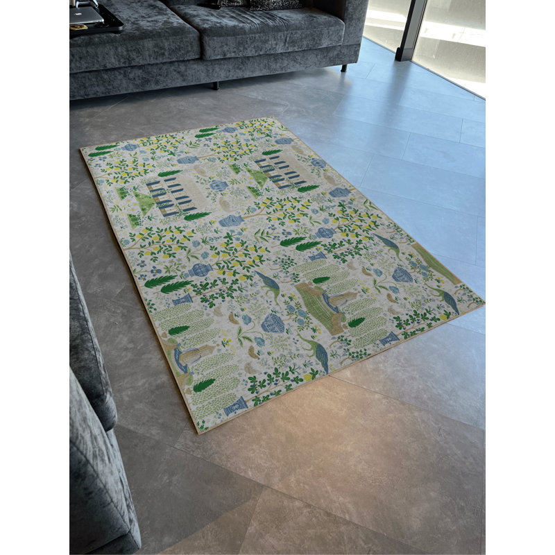 Light-Toned Multi-Coloured Garden Design Lemon Tree and House Patterned Modern Decorative Rug, Rectangle 3'3" x 4'11"