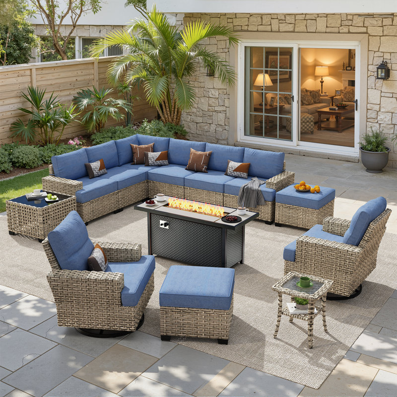 Tommy 10 - Person Outdoor Wicker Patio Conversation Furniture Set With Rocking Swivel Chairs, Denim Blue, No