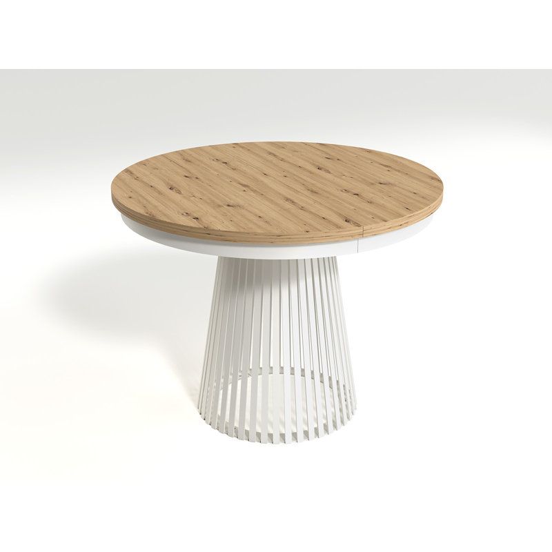 Extendable Round Metal Base Dining Table, White, Light Oak Wood