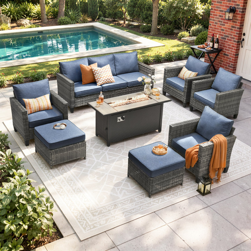 Allcot 9 - Person Patio Conversation Set with Cushions, Denim Blue