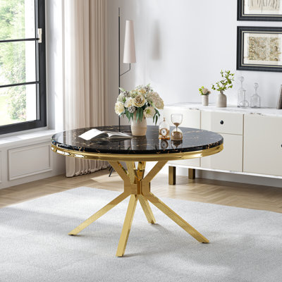 46.85" Faux Marble Top Stainless Steel Base Dining Table Set