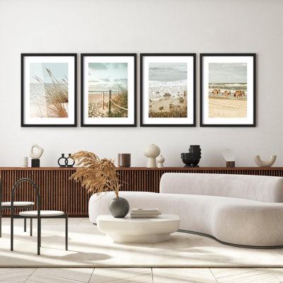 Framed Wall Art Collage Gallery Print Set, Ocean Beach Horizon Sunset Scenes Nature Modern Art Rustic Bohemian Vibrant for Living Room, Bedroom, Office