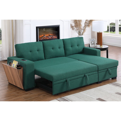 Green L-Shaped Sofa With Wooden Accent, Convertible Design And Storage For Enhanced Comfort And Space Efficiency