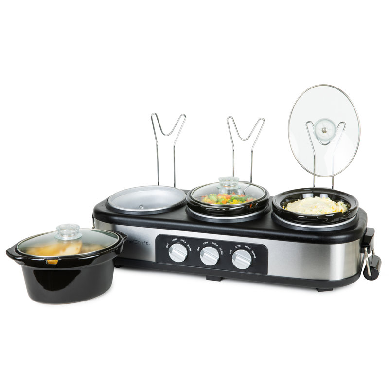 HomeCraft Stainless Steel 3-Station 1.5-Quart Oval Slow Cooker Buffet, With Lid & Spoon Rest, Adjustable Heat Control, Perfect for Parties, Holidays, Families