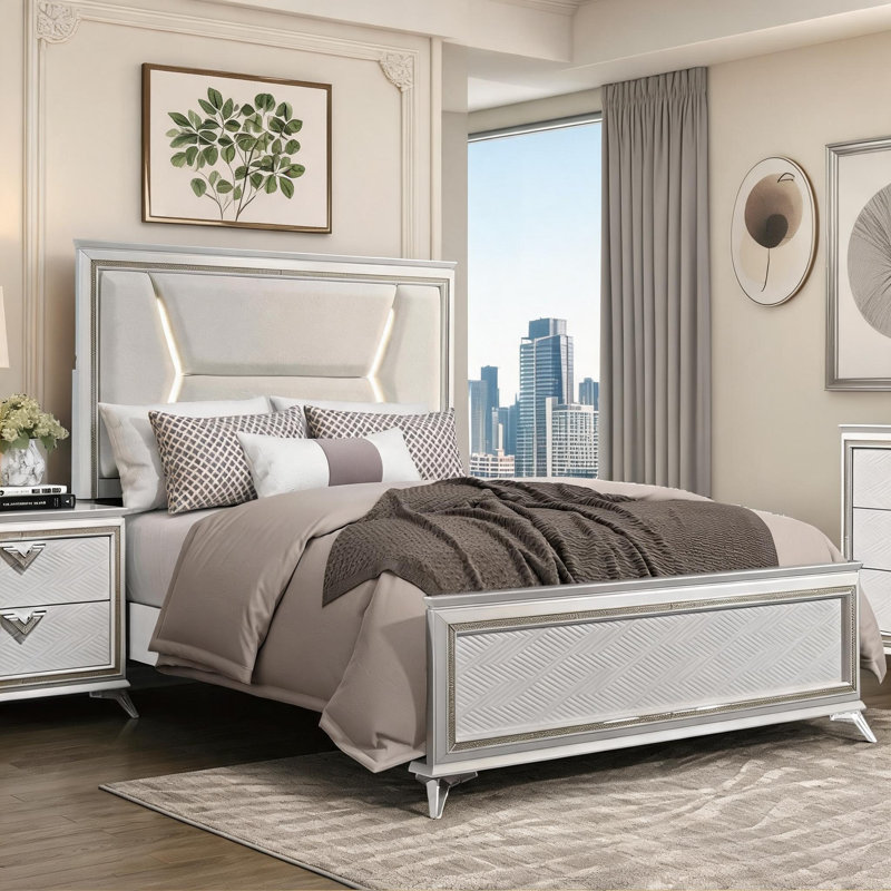 Structure de lit grand, tapissier de luxe moderne, fabrication en bois blanc propre avec tête de lit à DEL intégrée