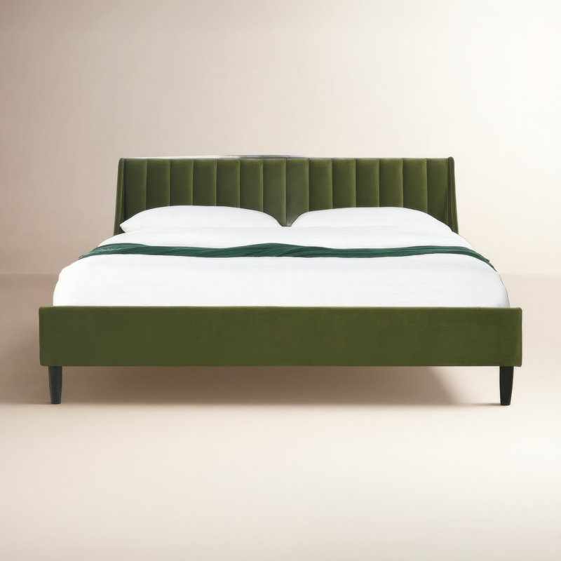 Lit plateforme tapissier Helaina, Très grand, Velours vert olive