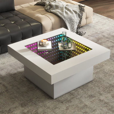 31.5" Modern LED Infinity Mirror Coffee Table with RGB Lights & Storage, Tempered Glass Top-White