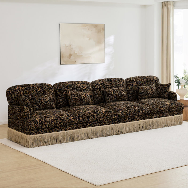Canapé 131 places confortable en chenille à imprimé léopard de 131 po, bord à pampille délicat, canapé modulaire à la mode moderne, conception ergonomique du bas, assemblage facile, siège profond pour le salon, brun noir