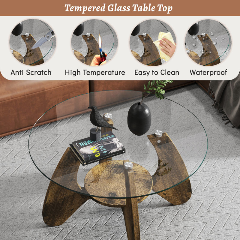 31.5" Glass Coffee Table for Living Room, 2-Tier Wood Accent Center Table with Open Storage, Rustic Brown