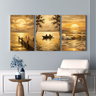 Sunset Lake Scene With Dock Boat And Moon Canvas Wrapped Wall Art Set Of 3