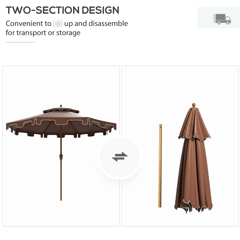 Parasol de patio 9 'avec housse à volants à double dessus - Bouton poussoir inclinable et manivelle pour l'extérieur
