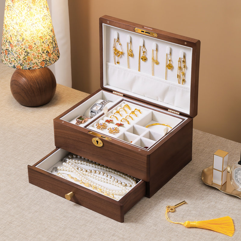 Black Walnut Wooden Lockable Jewelry Box, 3 Layer Organizer with Lock and Key for Necklaces Rings Earring Watches Bracelets.