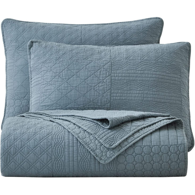 Motley Pre-Washed Cotton Classic Geometric Embroidered Quilt Set, Blue, Queen Quilt + 2 Standard Shams
