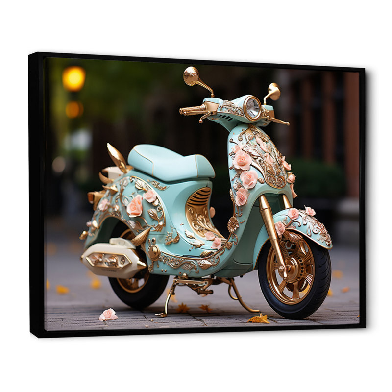 Turquoise, or, scooter personnalisé, croiseur III, impression sur toile, 12" H x 20" W, Cadre flottant noir