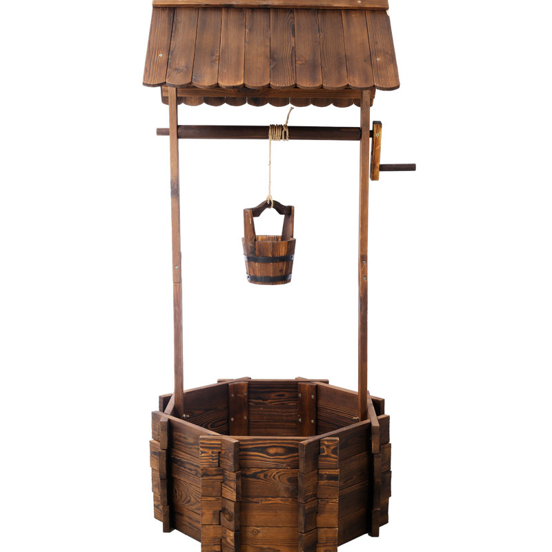 Outdoor Rustic Wooden Well Planter With Hanging Bucket And Shade Solidity, 53 High, 25 Wide, Long Wood Wishing For Beauty, Fascinate, 25X25x53