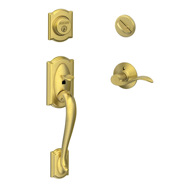 Camelot Handleset with Deadbolt and Accent Door Lever and Rosette, Right, Satin Brass