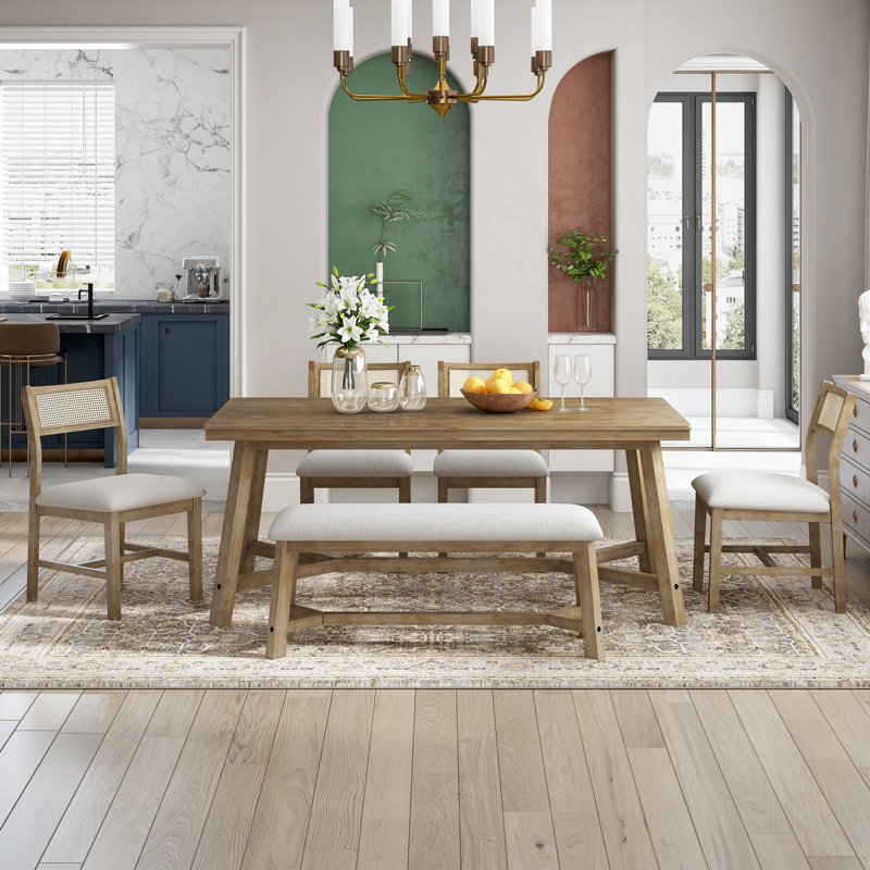 6-Piece Retro Farmhouse Style Dining Set, Natural Wood Wash, Natural Wood Wash, White
