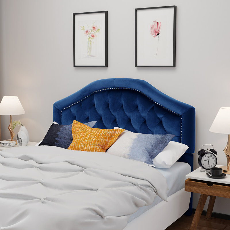 Tête de lit tapissier en lin avec pieds en métal, Bleu marine