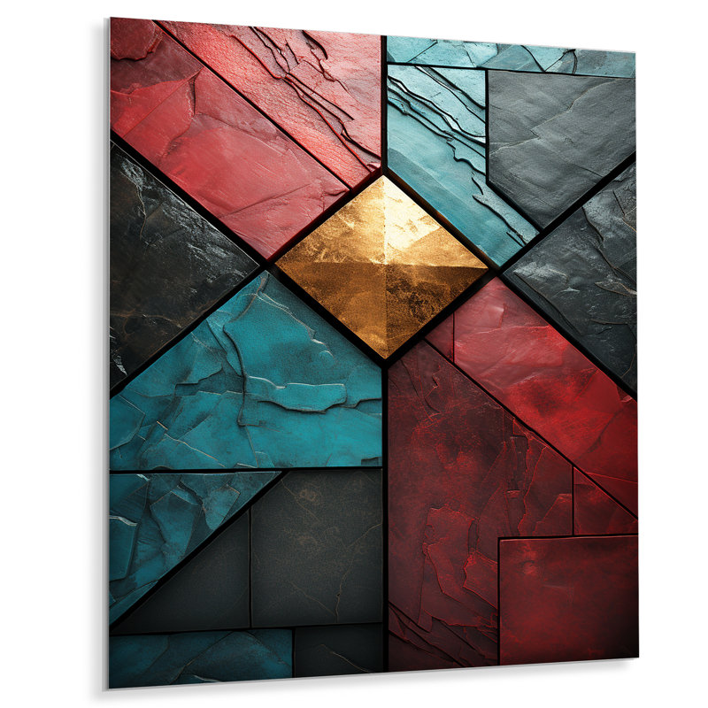 Carreaux de chevron bleu et rouge Elegance III - art mural abstrait en métal, H 40 po x l 30 po x P 1,5 po