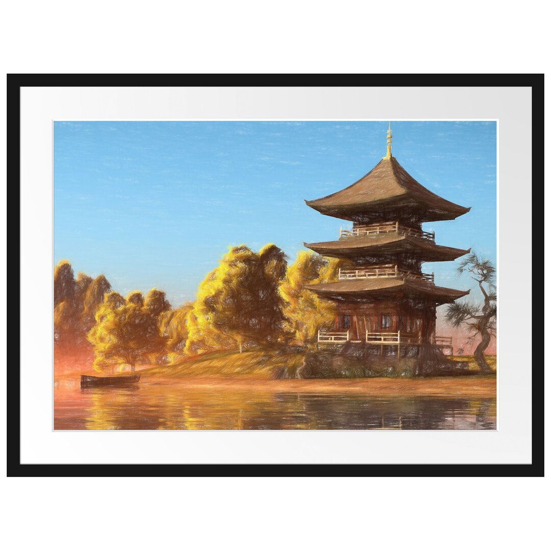 Gerahmtes Poster Asiatischer Tempel an See