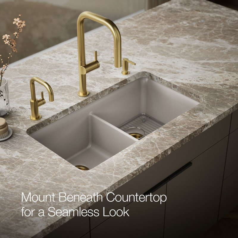 Cairn® 34" L x 18" W Under-Mount Double-Equal Kitchen Sink, Matte Taupe