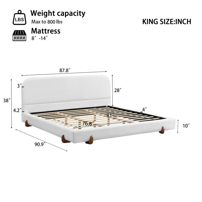 Maren Modern Upholstered Platform Bed With Solid Wood Legs And Thick Frame Design, White, King