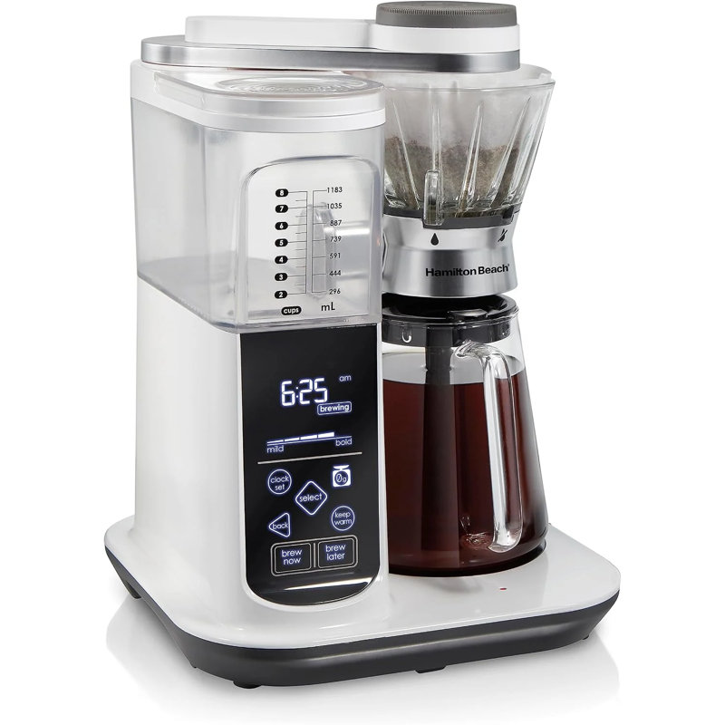 Cafetière à filtre Hamilton Beach 46700, programmable, automatique ou manuelle, 5 intensités, balance intégrée, 8 tasses, blanche