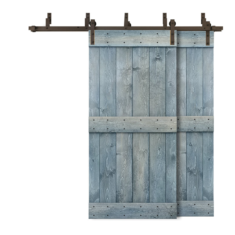 Porte de grange double à panneaux en bois teinté à panneau Mid-Bar, 40 po x 84 po, Bleu denim