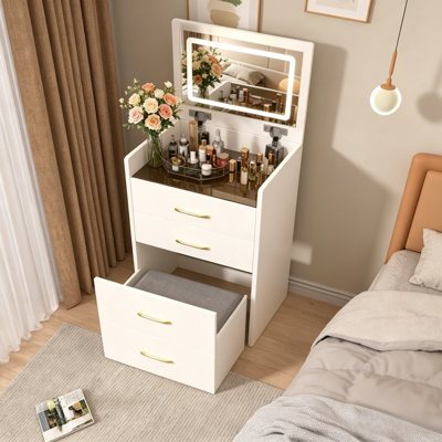 Modern Three-Drawer Dresser With LED Illuminated Mirror And Storage Bench, Multi-Functional Bedroom Makeup And Storage Cabinet, White