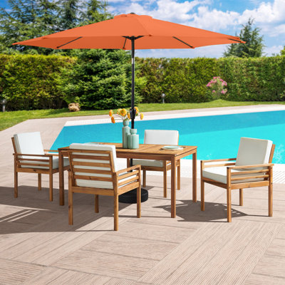 Arjay 8 Pc Patio Dining Set Wood One 63" Table Chairs With Cushions And 1 10-Foot Tilt Umbrella by Wade Logan