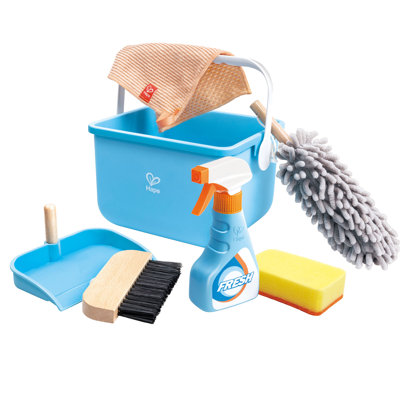 Hape: ensemble de seaux de nettoyage Scoot-Around - 7 pièces, ensemble de jouets de nettoyage jaune et bleu, seau-pulvérisateur-balai-pelle-éponge-plumeau, jeu d'imitation, enfant 3+