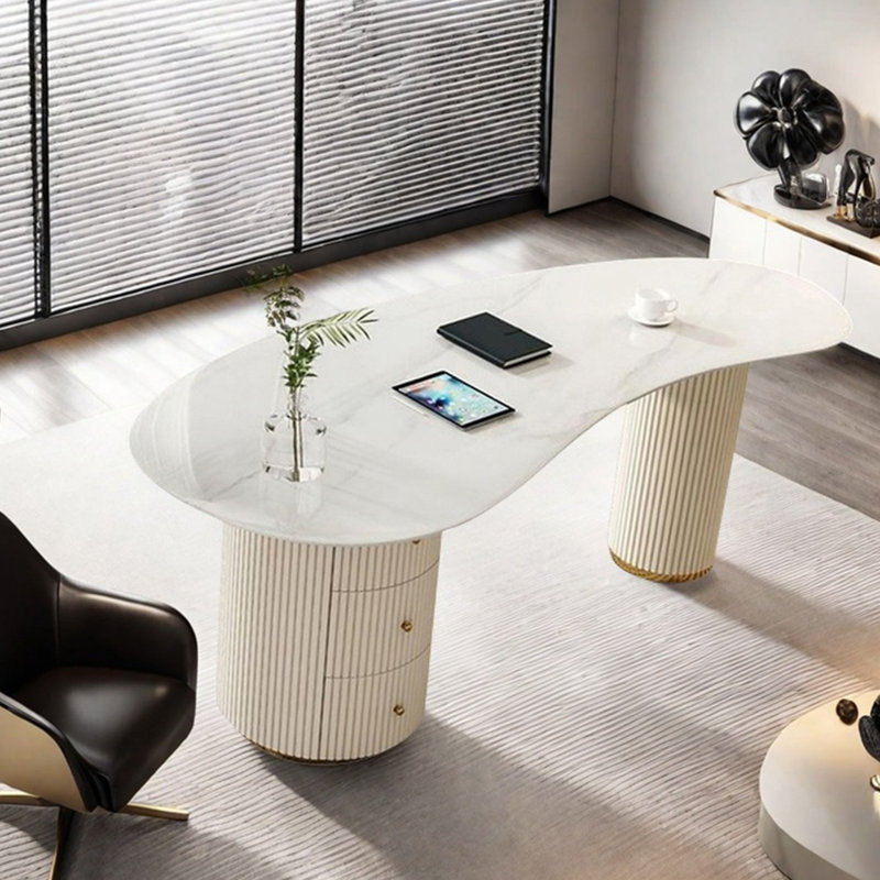 Oval White Sintered Stone Executive Office Desk with Drawers, 29.53" H x 55.12" W x 23.62" D 