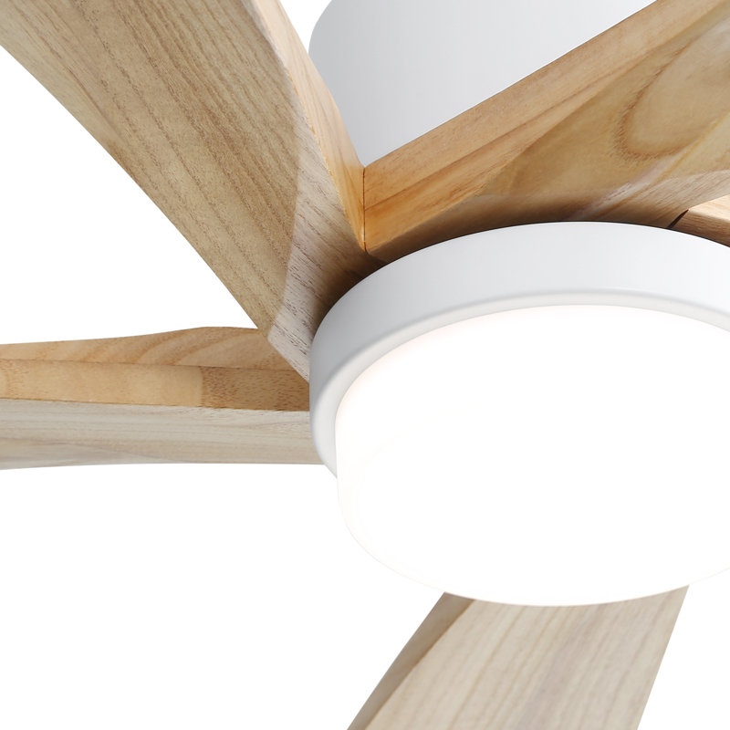 Ventilateur de plafond moderne à 5 pales avec lumière DEL Sofucor, Blanc avec pales en bois massif