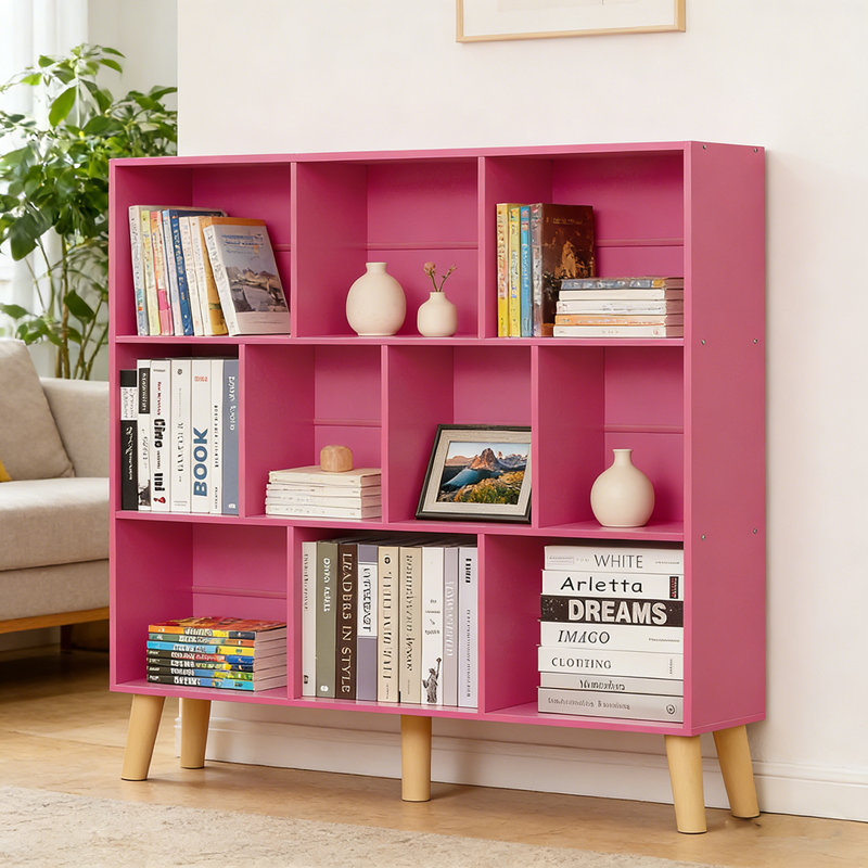 3 Tier Modern Wide Bookcase With Legs, Wood Freestanding Organizer Display Shelf, 10 Cube Bookshelf, Pink