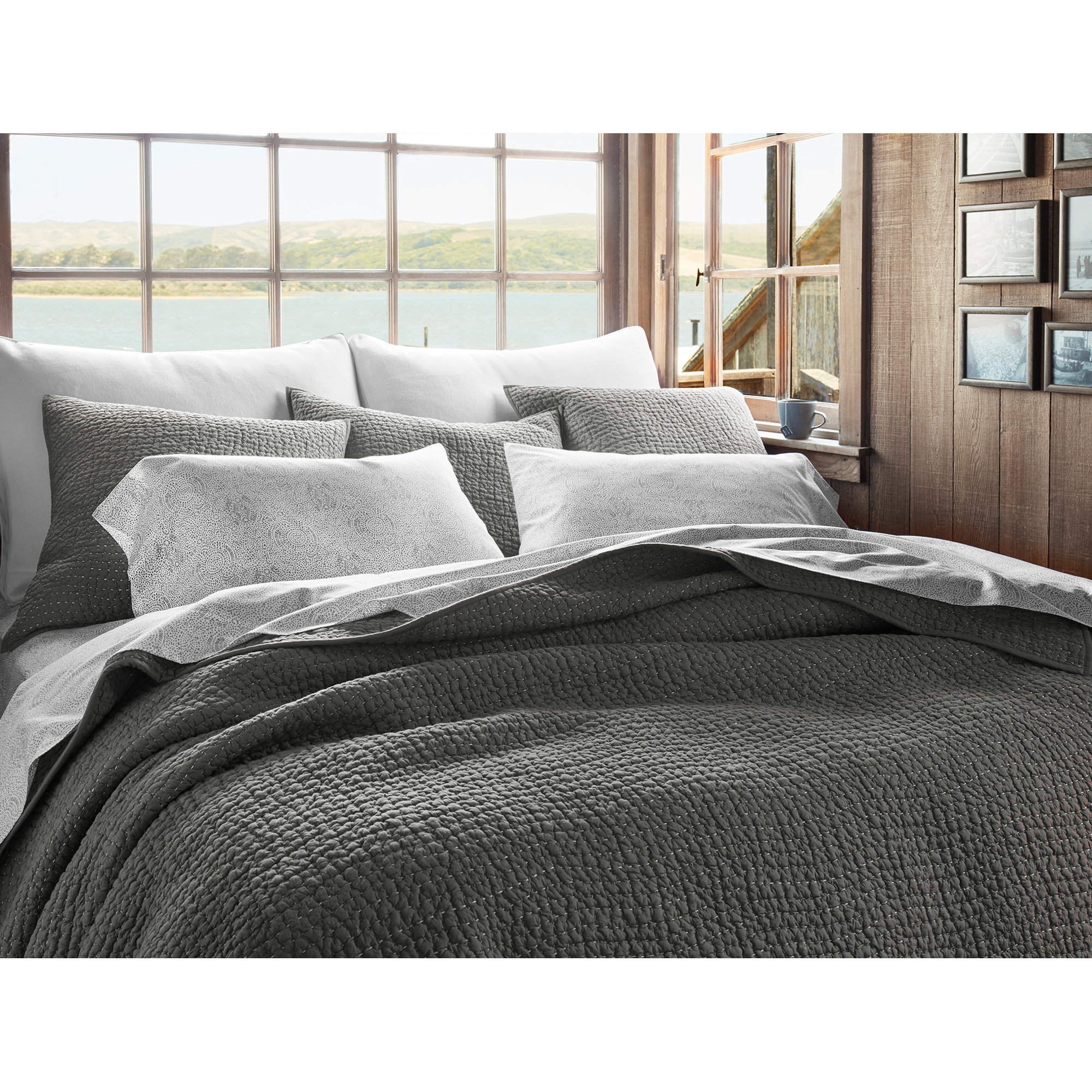 Pebbled Organic Percale Quilt, Slate, King Quilt
