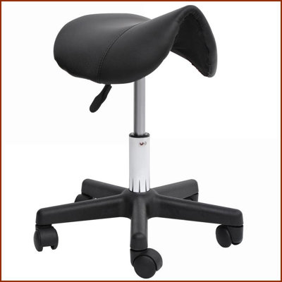 Rolling Saddle Stool with Swivel &amp; Adjustable Height | Black | Faux Leather