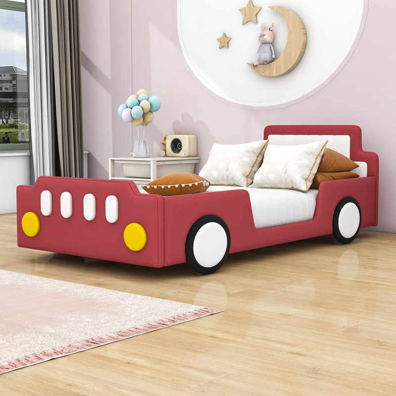Twin Upholstered Platform Bed with Headboard, Red