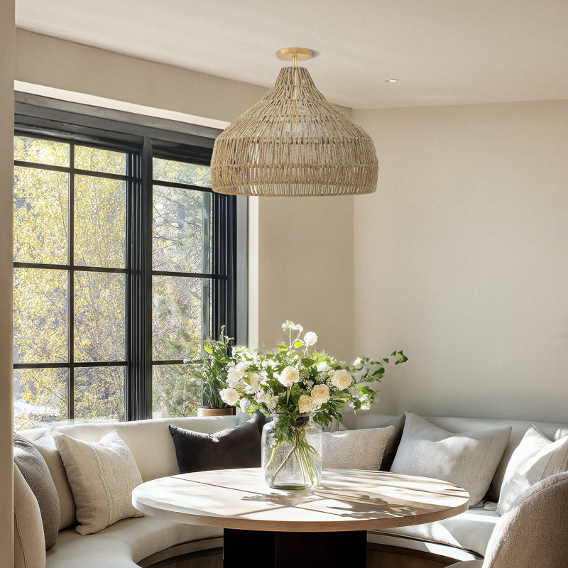 Dreamy Flush Mount Light – Palm Fibers & Brown Medium Dome 1-light Plug-in Or Hardwired Adjustable Flush Mount For Bedroom Or Hallway In Modern, Boho, And Transitional Style