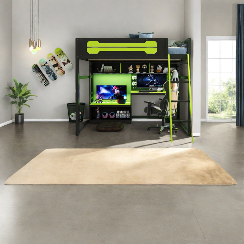 Space-saving Wood Loft Bed With Led Desk, Modern Black+green